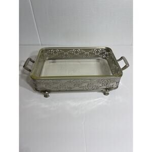 Vtg Footed Rectangular Serving Tray‎ With Pyrex Serving Dish